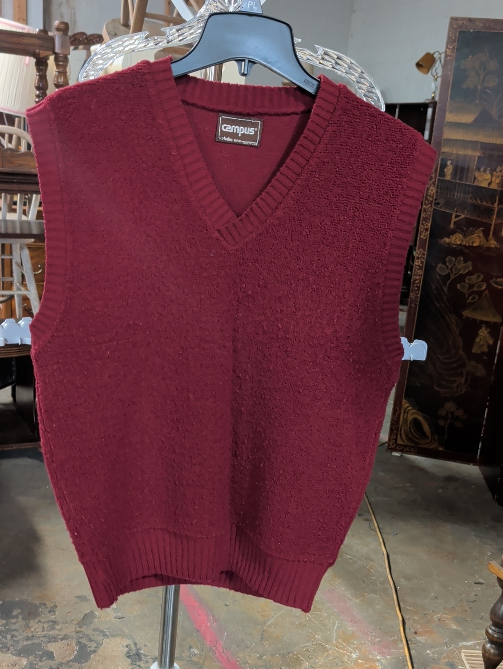 Vintage 70s Campus Studio One Burgundy Boucle Knit Sweater Vest M